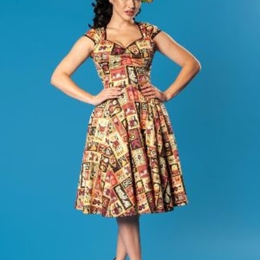 Pinup Couture Heidi Dress in Brown and Red Tiki Tile Printed Cotton Sateen 3XL